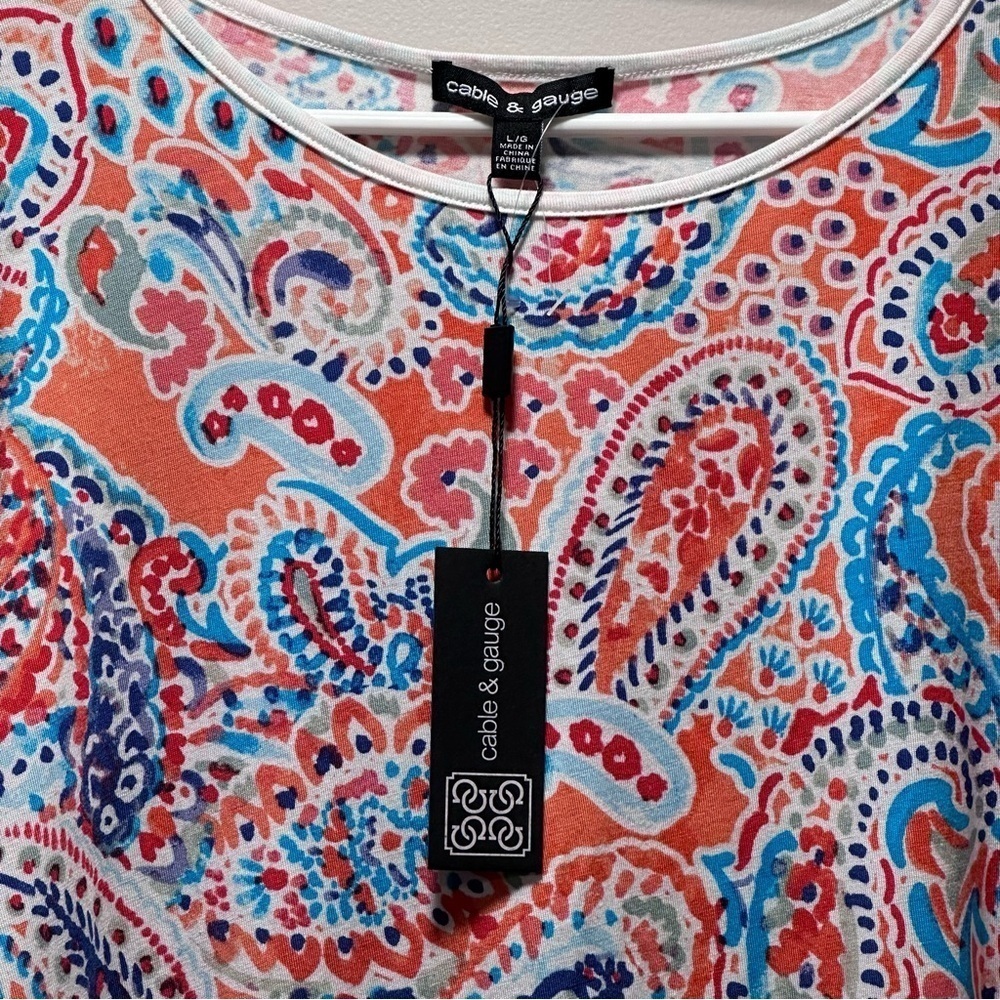 Cable & Gauge 3/4 Ruffle Bell Short Sleeve Blouse Paisley White Hem Large NWT - Picture 2 of 15